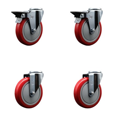 Service Caster 5'' Red Poly Wheel Swivel Bolt Hole Caster Set with 2 Posi Lock Brakes, 4PK SCC-BH20S514-PPUB-RED-PLB-2-S-2